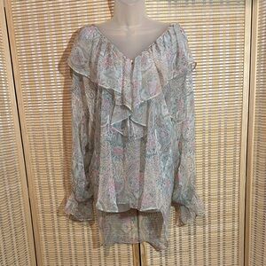 Victoria's Secret Vintage Gold Label Sheer Blue Floral Print Peasant Blouse M/L